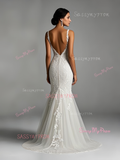 Trumpet Mermaid Deep V Neck Lace Wedding Dress