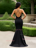 Satin Trumpet Mermaid Black Spaghetti Straps Prom Dress With Slit