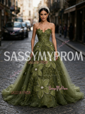 Tulle Sweetheart Rose Pearls Olive Green Prom Dress