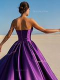 Strapless Satin A Line Bow Grape Purple Prom Dress