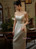 Satin Sheath Column Spaghetti Straps Wedding Dress With Slit