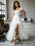 Cap Sleeve Square Neck A-Line Lace Tulle Wedding Dress With Slit
