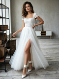 Cap Sleeve Square Neck A-Line Lace Tulle Wedding Dress With Slit