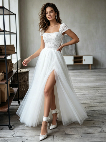 Cap Sleeve Square Neck A-Line Lace Tulle Wedding Dress With Slit
