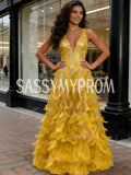Yellow Feather Sequin A Line Tulle Prom Dress