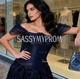 Navy Beading A Line Tulle Off The Shoulder Prom Dress