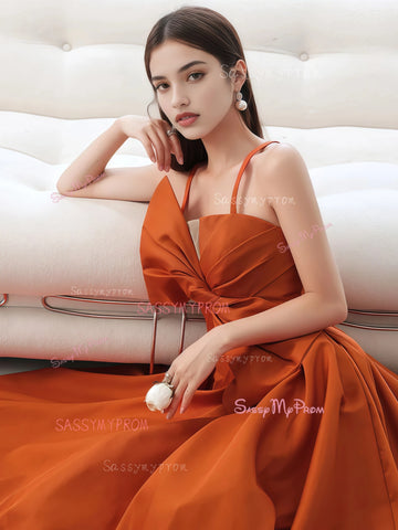 Satin Ruched A Line Bow Orange Spaghetti Straps Prom Dress Sassymyprom Satin Ruched A Line Bow Orange Spaghetti Straps Prom Dress Sassymyprom