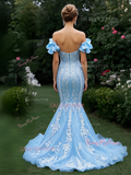 Appliques Tulle Trumpet Mermaid Off The Shoulder Prom Dress With Bow