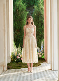 Spaghetti Straps Ankle Length Ivory Lace Prom Dress