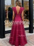 A Line Ruffles Tulle Fuchsia V Neck Prom Dress