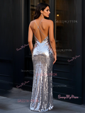 Silver Sequin Spaghetti Straps Trumpet Mermaid With Slit