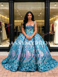 Green Ball Gown Sequin Floral Square Neck Prom Dress