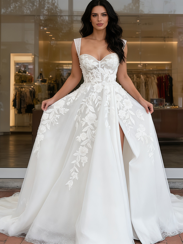 Beading Appliques Straps Sweetheart Tulle Wedding Dress with Slit