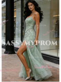 Tulle Spaghetti Straps Mint Green Beading A Line Prom Dress