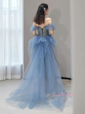 Tulle Sequin Blue Off The Shoulder Trumpet Mermaid Prom Dress