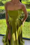 Strapless Green Satin Long Prom Dress with High Slit
