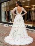 Long Sleeve Embroidery White Tulle V Neck Prom Dress