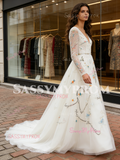 Long Sleeve Embroidery White Tulle V Neck Prom Dress