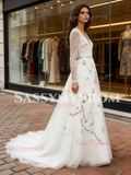 Long Sleeve Embroidery White Tulle V Neck Prom Dress