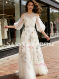 Puffy Sleeve A Line Scoop White Embroidery Prom Dress