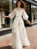 Puffy Sleeve A Line Scoop White Embroidery Prom Dress