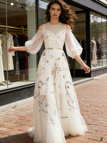 Puffy Sleeve A Line Scoop White Embroidery Prom Dress