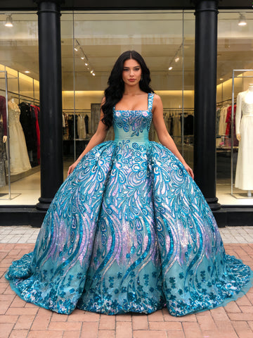 Green Ball Gown Sequin Floral Square Neck Prom Dress