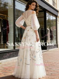 Puffy Sleeve A Line Scoop White Embroidery Prom Dress