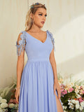 Chiffon Tassel Blue Cap Sleeve Prom Dress With Slit