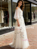 Puffy Sleeve A Line Scoop White Embroidery Prom Dress