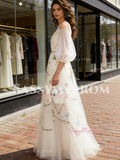 Puffy Sleeve A Line Scoop White Embroidery Prom Dress
