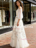 Puffy Sleeve A Line Scoop White Embroidery Prom Dress