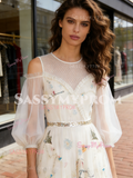 Puffy Sleeve A Line Scoop White Embroidery Prom Dress