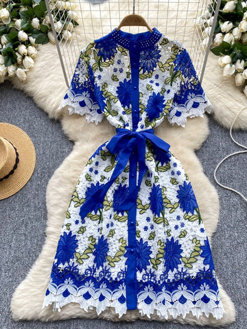 Blue Bow Floral Lace Dress