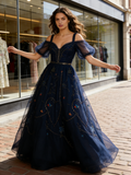 Navy Blue A Line Tulle Embroidery Off The Shoulder Prom Dress