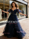 Navy Blue A Line Tulle Embroidery Off The Shoulder Prom Dress