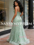 Tulle Spaghetti Straps Mint Green Beading A Line Prom Dress