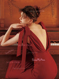 Trumpet Mermaid Tie Shoulder Burgundy V neck Prom Dress