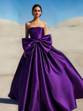 Strapless Satin A Line Bow Grape Purple Prom Dress