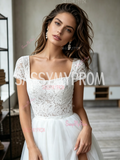 Cap Sleeve Square Neck A-Line Lace Tulle Wedding Dress With Slit