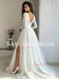 V Neck Tulle Long Sleeve Ruched A Line Wedding Dress With Slit