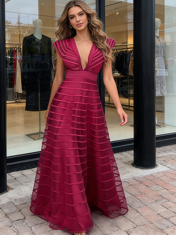 A Line Ruffles Tulle Fuchsia V Neck Prom Dress