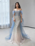 Tulle Sequin Blue Off The Shoulder Trumpet Mermaid Prom Dress