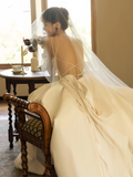 A Line Backless Scoop Satin Wedding Dress