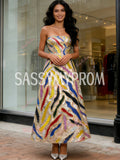Tea Length Sequin Striped A Line Sweetheart Prom Dress