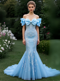 Appliques Tulle Trumpet Mermaid Off The Shoulder Prom Dress With Bow