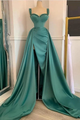 Crystal Embellished Straps High-Slit Emerald Prom Dress