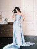 Elastic Satin A Line Strapless Light Blue Prom Dress