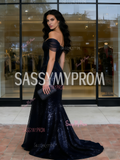 Navy Beading A Line Tulle Off The Shoulder Prom Dress