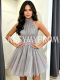 Silver Halter A Line Backless Tulle Beading Homecoming Dress